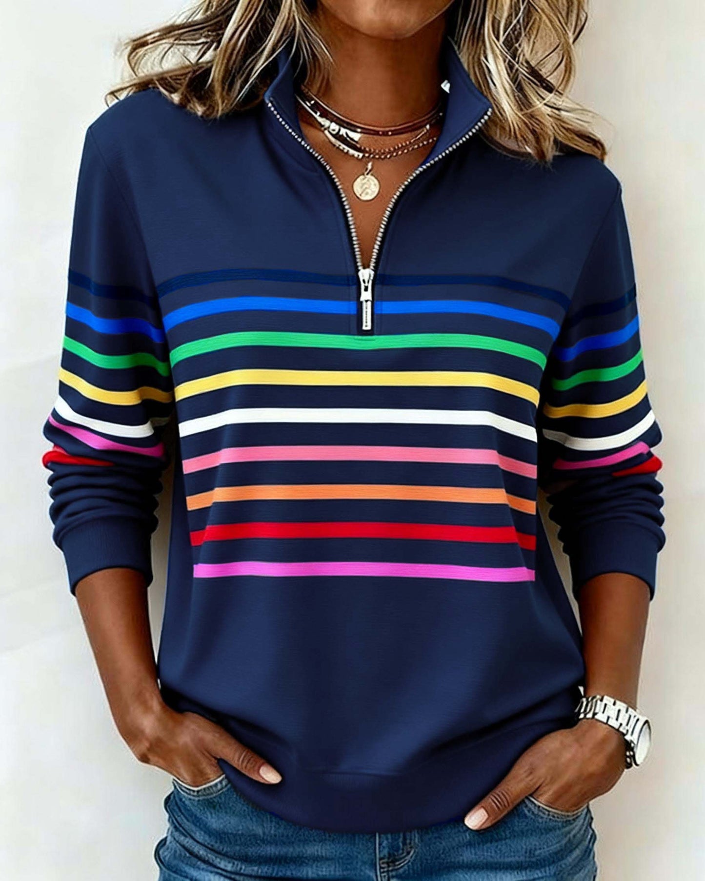 Tereza – Barevný svetr s elegantním polo-zipem pro každodenní styl