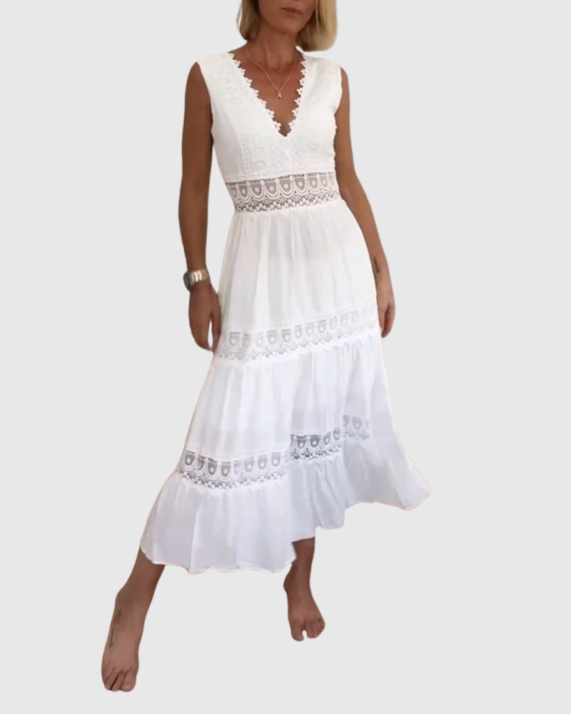 Ninfea - Bezrukávové midi šaty v boho stylu s krajkovými detaily