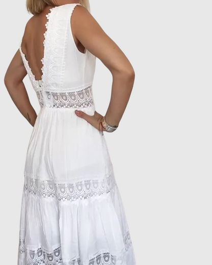 Ninfea - Bezrukávové midi šaty v boho stylu s krajkovými detaily