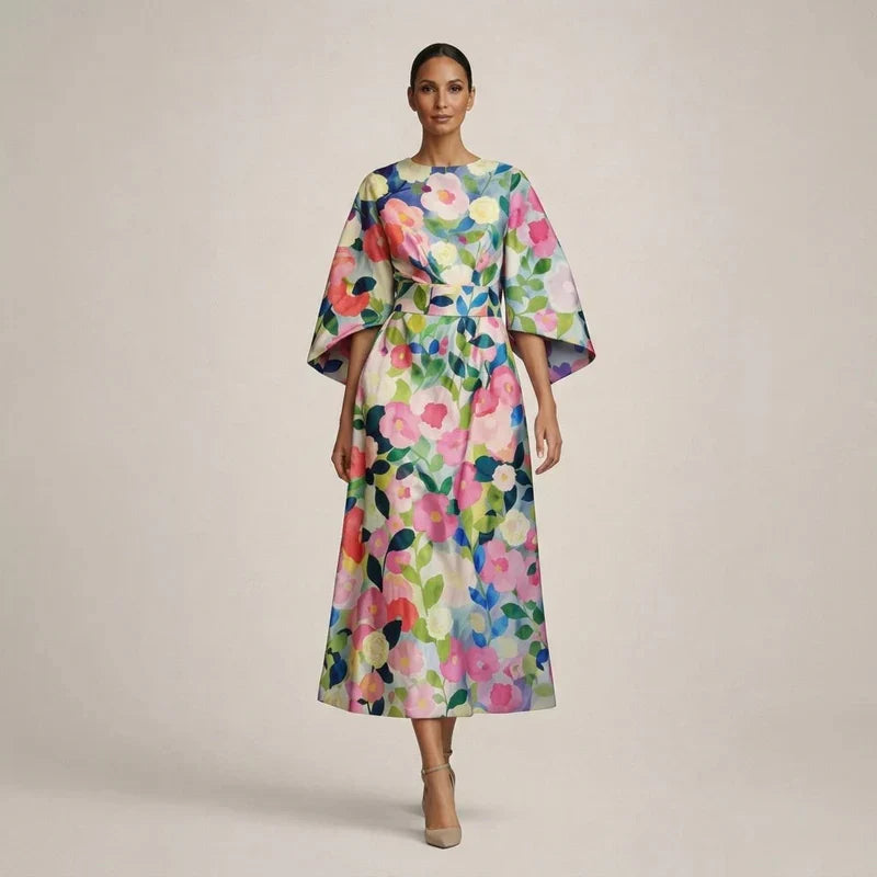 Clementine | Květinové midi šaty s vytvarovaným pasem a vzdušnou elegancí