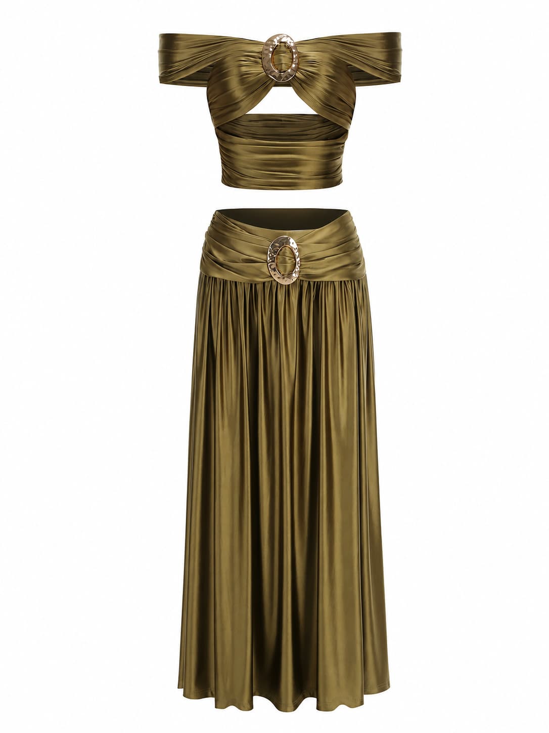Olivově zelený komplet Kristýna – samostatný top a maxi sukně se zlatými sponami