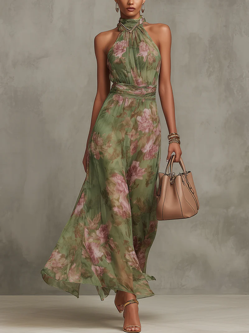 Livia | Elegantní květinové maxi šaty s halter výstřihem