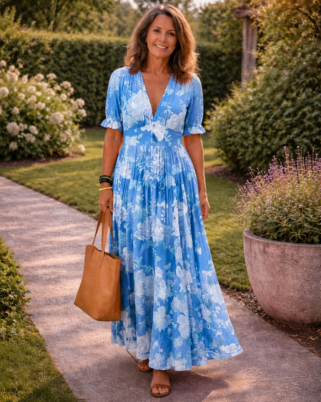 Ivona | Květinové midi šaty bez rukávů s véčkovým výstřihem