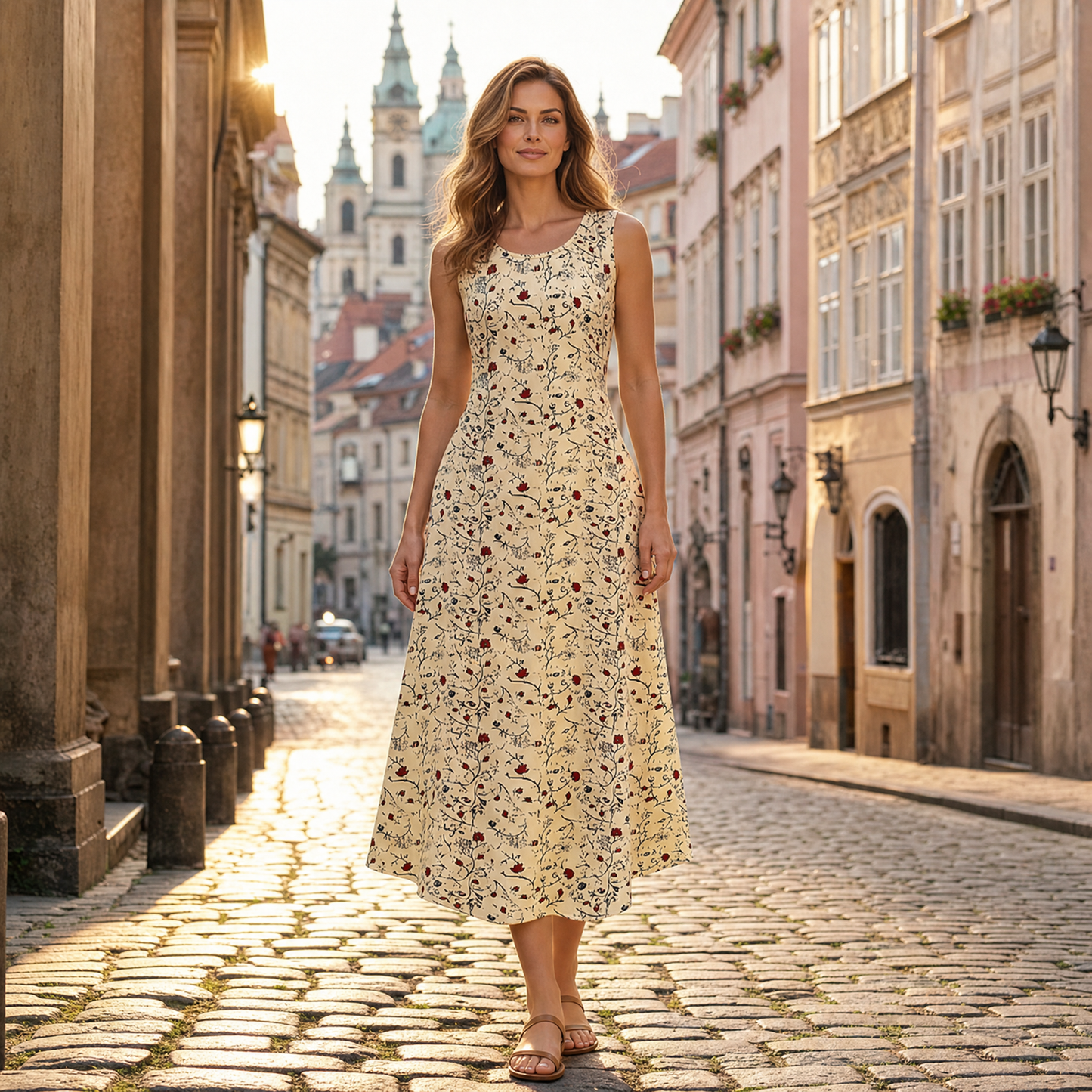 Rozálie – letní maxi šaty s květinovým vzorem, žlutá, ulička staré Prahy